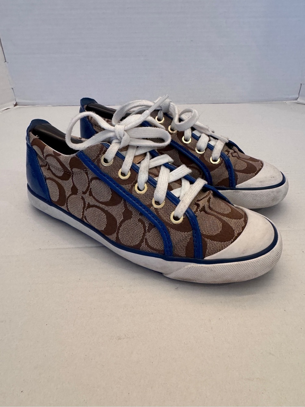 Coach Barrett Signature Canvas Sneakers Women’s Size 7B Blue Brown Lace Up Shoes